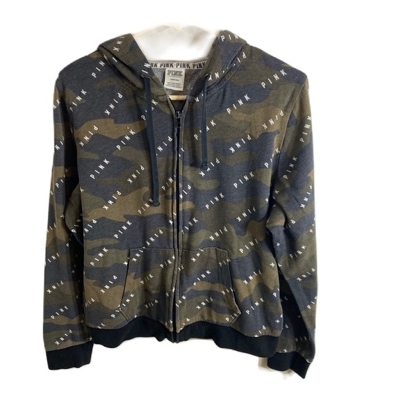 Pink Victoria’s Secret Camouflage Full Zip Sweatshirt Large Green Hooded - Picture 1 of 4